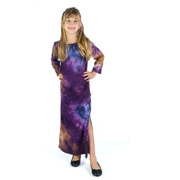 24seven Comfort Apparel Purple Tie Dye Girls Long Sleeve Side Slit Maxi Dress