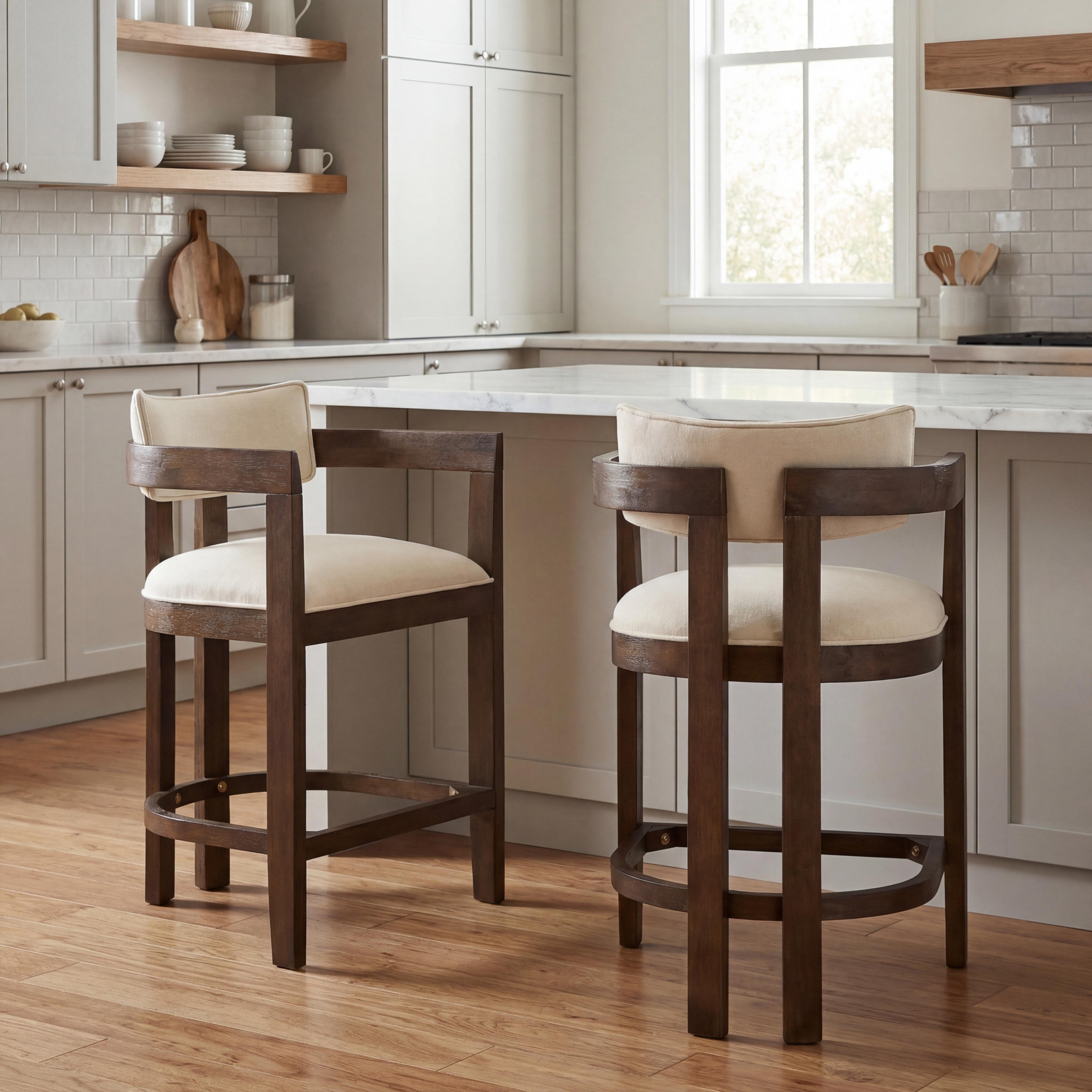 ModernLuxe Counter Height Bar Stools, Upholstered Counter Stools, Rubberwood Dining Chairs with Curved Padded Backrest - Set of 2, Walnut