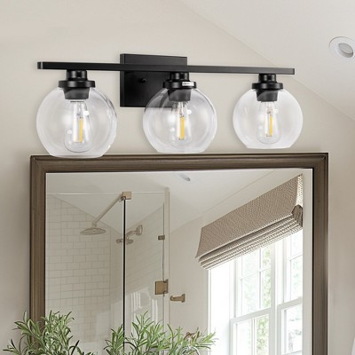YANSUN 3-Head Matte Black Bathroom Vanity Light with Open Glass Globe Shades, Non-Integrated Bulbs, E26 Sockets