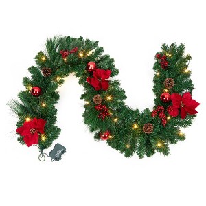 Christmas Garland, 6 Ft Artificial Christmas Vine with Red Flower, Xmas Holiday Rattan Decoration - 1 of 4