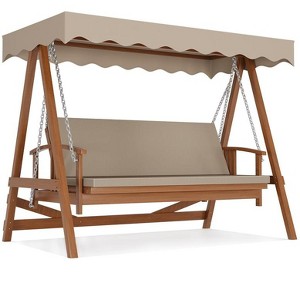 Wooden patio swing with adjustable canopy; 3-seater bench with removable cushion, ideal for backyard, garden, balcony, or poolside relaxation. - 1 of 4