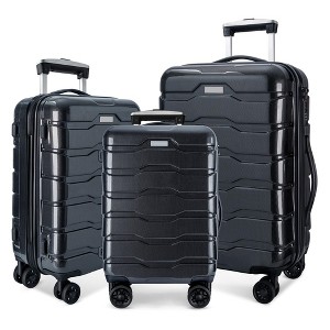 3 Pcs Luggage Sets,Pc+Abs Hardside Travel Sets With 360° Silent Spinner Wheels Tsa Lock Telescopic Handle Lightweight Suit Case,20/24/28 Inch Black - 1 of 4