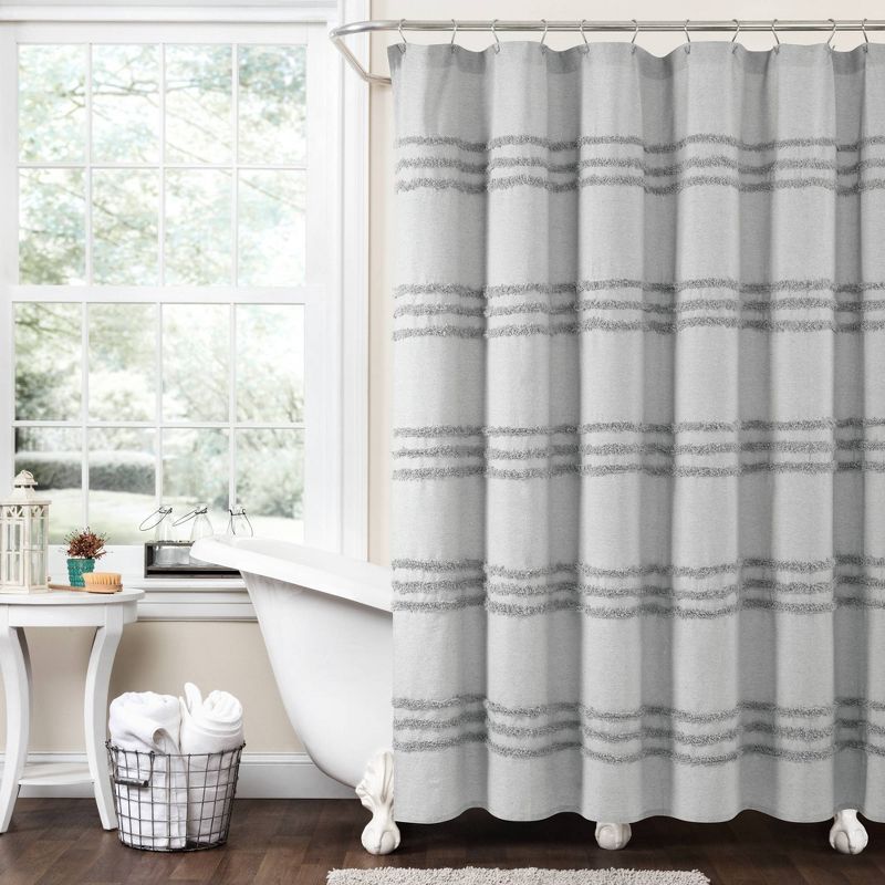 72&#34;x72&#34; Boho Kendra Tufted Yarn Dyed Eco Friendly Recycled Cotton Shower Curtain Light Gray - Lush D&#233;cor, 1 of 6