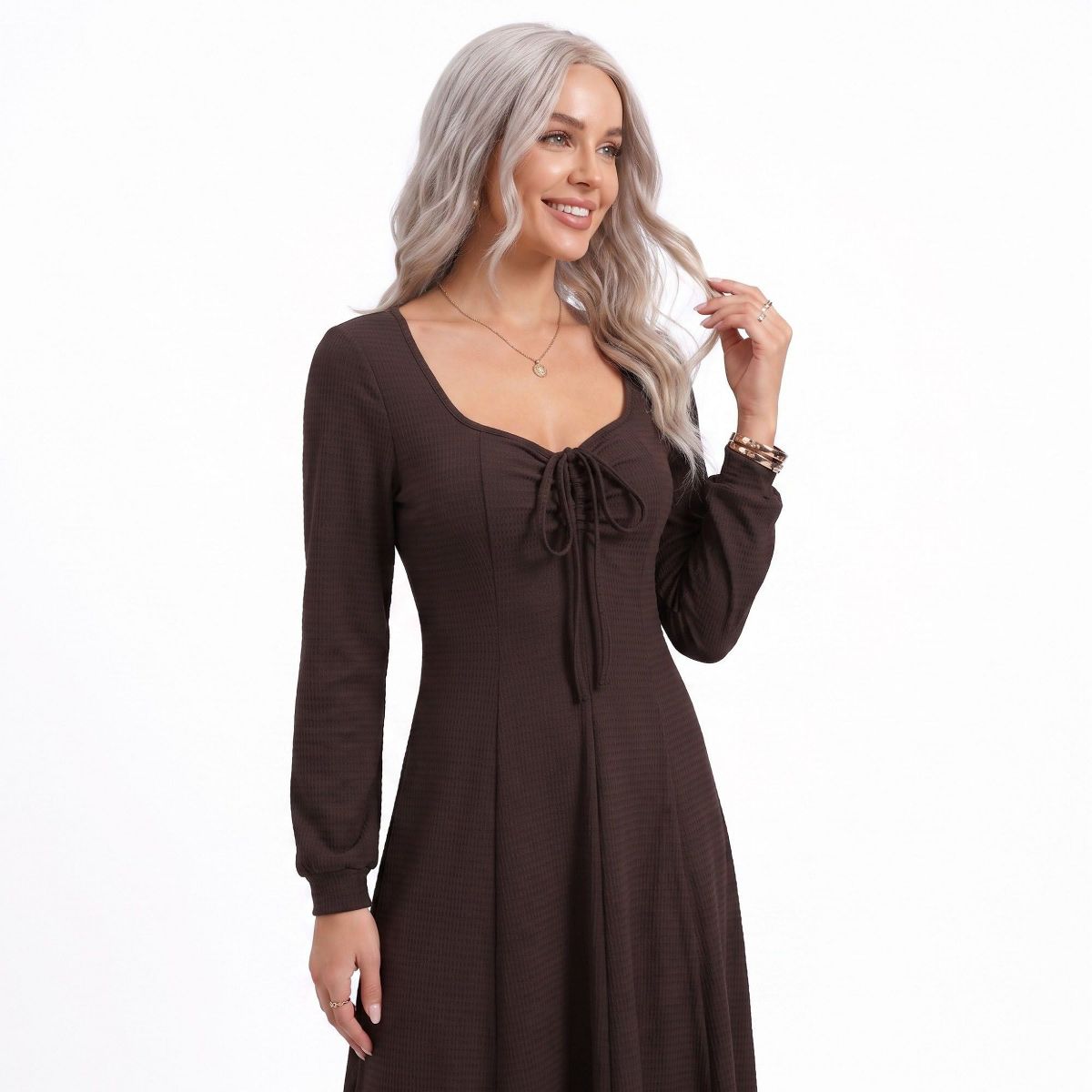 Anna-Kaci Women's Tie Front Maxi Dress Square Neck Long Sleeve Fit and Flare Textured Dress - thumbnail 4