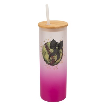 Elanze Designs 25 Ounce Frosted Glass Gradient Travel Tumbler With Straw and Wooden Lid, Softball With Black Bow Pink