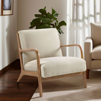 Taupe Upholstered Elm Wood Mid-Century Lounge Chair