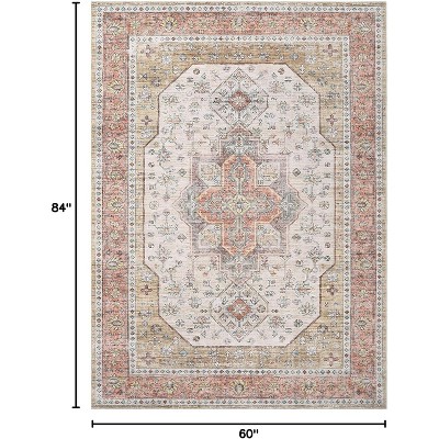 Washable Floral Print Area Rug,Traditional Vintage Boho Indoor Carpet,Non-Shedding Low Pile Floor Mat with Non-Slip Rubber Backing