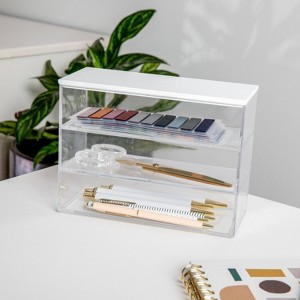 Martha Stewart 3pc Plastic Storage Organizer Bins with White Engineered Wood Lid Clear: Office Desk Drawer Organizers - 1 of 4