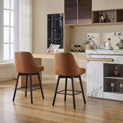Swivel Bar Chair, with Backrest and Wooden Legs, Upholstered Fabric Bar Chair, 360 Degree Swivel Chair, for Home, Office, Bar, Coffee Shop