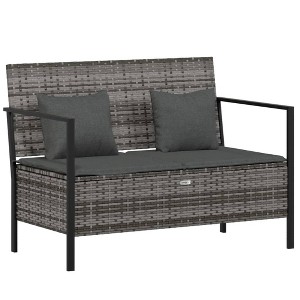 vidaXL 2-Seater Patio Bench with Cushion, Gray Poly Rattan - 1 of 4