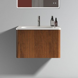 FAMYYT 24 in. Single Sink Floating Walnut Bath Vanity with White Ceramic Top (Assembled), Curved Edges - 1 of 4