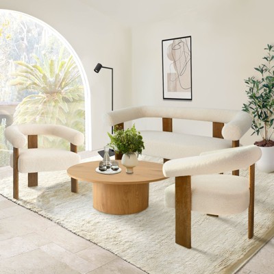 Maye Living Room Set of 3 and 4, Boucle Fabric Armchair and Loveseat Set with 40" Oak Grain Paper Round Coffee Table, Indoor Furniture-Maison Boucle