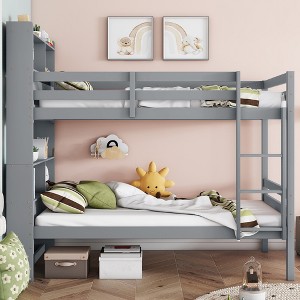 MAYEERTY Twin Bunk Bed with Shelves Headboard Sofety Guardrails and Ladder Cinvertible to 2 Beds for Bedroom Gray - 1 of 4