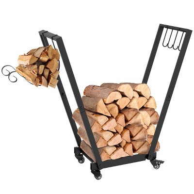 Syemin Firewood Racks and Carriers Heavy Duty Firewood Rack with Swivel Casters Wood Storage Log Organizer for Indoor Outdoor, Black, 31.1"*11.8"*32"