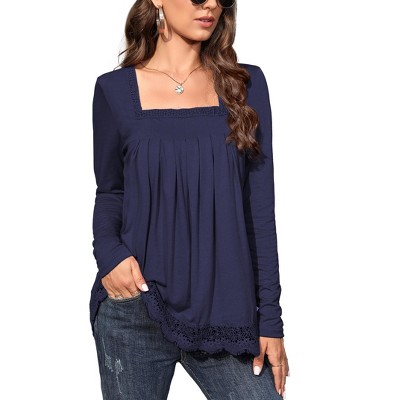 Womens Tops Long Sleeve Tunic Tops for Women Plus Size Square Neck T Shirt Solid Color Fall Lace Blouse