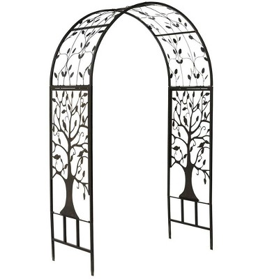 Plow & Hearth Arch Metal Outdoor Garden Arbor | Tree of Life | 7 feet | Black | Iron Trellis Lattice for Climbing Plants | Wedding Arch | Patio