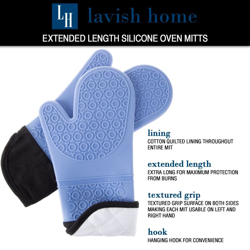 Silicone Oven Mitts - Extra Long Professional Quality Heat Resistant with Quilted Lining and 2-sided Textured Grip - 1 pair Blue by Hastings Home, 4 of 7