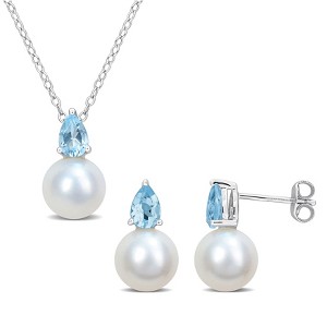 EVERLY JEWELRY | Sterling Silver 8.5-9mm Cultured Freshwater Pearl and 1 2/5ct TGW Sky Blue Topaz Pendant with Chain and Earrings Set  - 18 in - 1 of 4