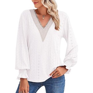 Clearlove 2025 Womens Tops Dressy Casual V Neck Long Sleeve Lace Splice Cute T-Shirts - 1 of 4