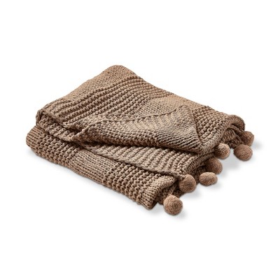 tagltd Knit Pom Pom Cotton Decorative Throw for Sofa or Bed, brown with larege Pom Poms 50L x 60W in.