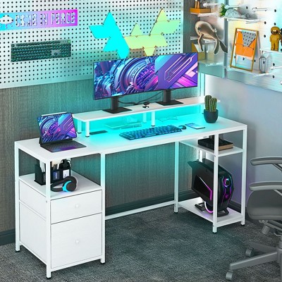PAGED Computer Desk Modern Gaming Desk with Shelves, Storage Drawers and LED Light for Games and Work