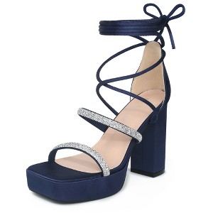 Perphy Women's Rhinestone Strap Lace Up Chunky High Heel Platform Sandals - 1 of 3