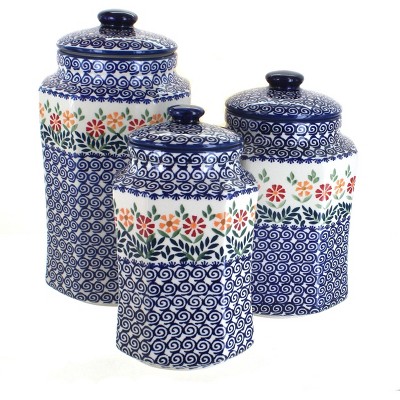 Blue Rose Polish Pottery Garden Bouquet 3 PC Canister Set with Seals