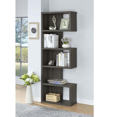 Vynxaria Contemporary 5-Shelf Bookcase Whimsical Profile, Adaptable Design, Weathered Grey, for Home Office/Casual Room