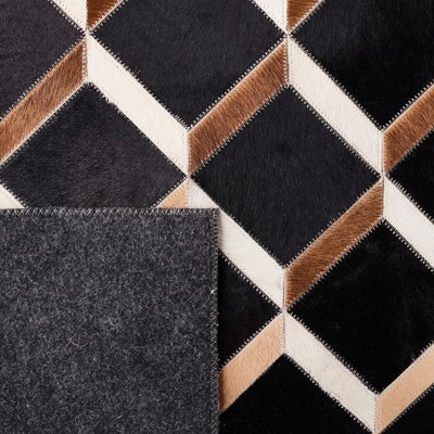 Handmade Black Geometric Wool and Cowhide Rug, 4' x 6'