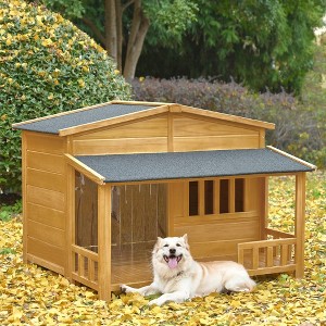 Wooden Dog House, Dog Crate For large dog breeds, Cabin Style Raised Dog Shelter with Asphalt Roof - 1 of 4