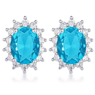 ShineHigh Rhodium Plated Petite Royal Oval Earrings – Multi-Color Options – Classic Halo Design with Sparkling Cubic Zirconia Accents