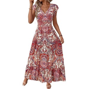 Women's Floral Boho Dress Hawaiian Dresse Short Sleeve V Neck Summer Beach Wedding  Guest Swing Maxi Sundress : Target