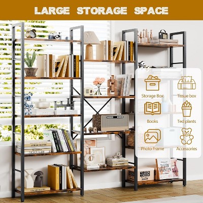 Bookshelf, Triple 5 Tier Shelf Display Book Shelf, Wide Bookcase, Rustic Wooden Shelving Unit, for Your Bedroom, Living Room, Home & Office Shelving