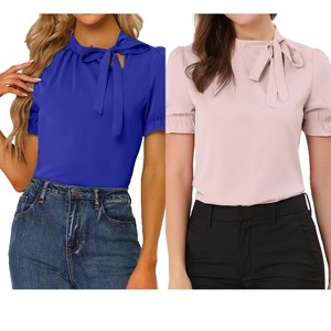 Allegra K Women's Elegant Bow Tie Neck Elastic Cuffs Office Short Sleeve Blouse 2 Pcs - 1 of 4