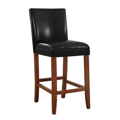 29" Wooden Barstool with Faux Leather Padded Seat and Tapered Feet Black/Brown - Benzara