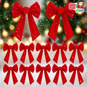 Joyfy 12 Pack Christmas Red Velvet Bows, 13"x9" Decorative Christmas Bows Gift Wrapping Accessory for Wreath Garland Tree Decor Holiday Decorations - 1 of 4