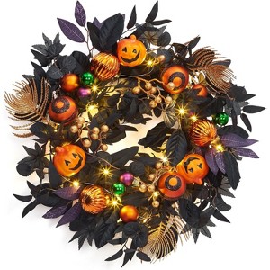 Halloween Wreath for Front Door, 20 Inch Pumpkin Wreaths with 20 LED Lights Ball Ornaments Berries, Pre Lit Halloween Decorations for Indoor Outdoor - 1 of 4