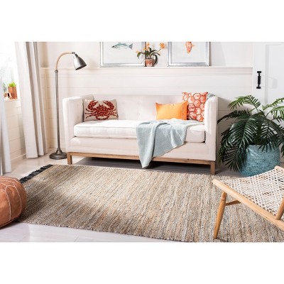 Beige Handwoven Leather and Cotton Area Rug with Fringe, 5' x 8'