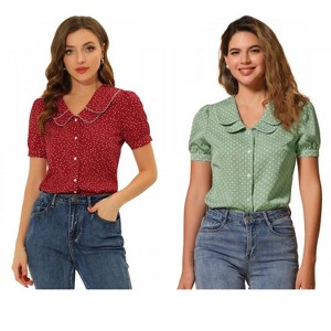 INSPIRE CHIC Women's Vintage Polka Dots Peter Pan Collar Puff Short Sleeve Shirt 2 Packs - 1 of 4