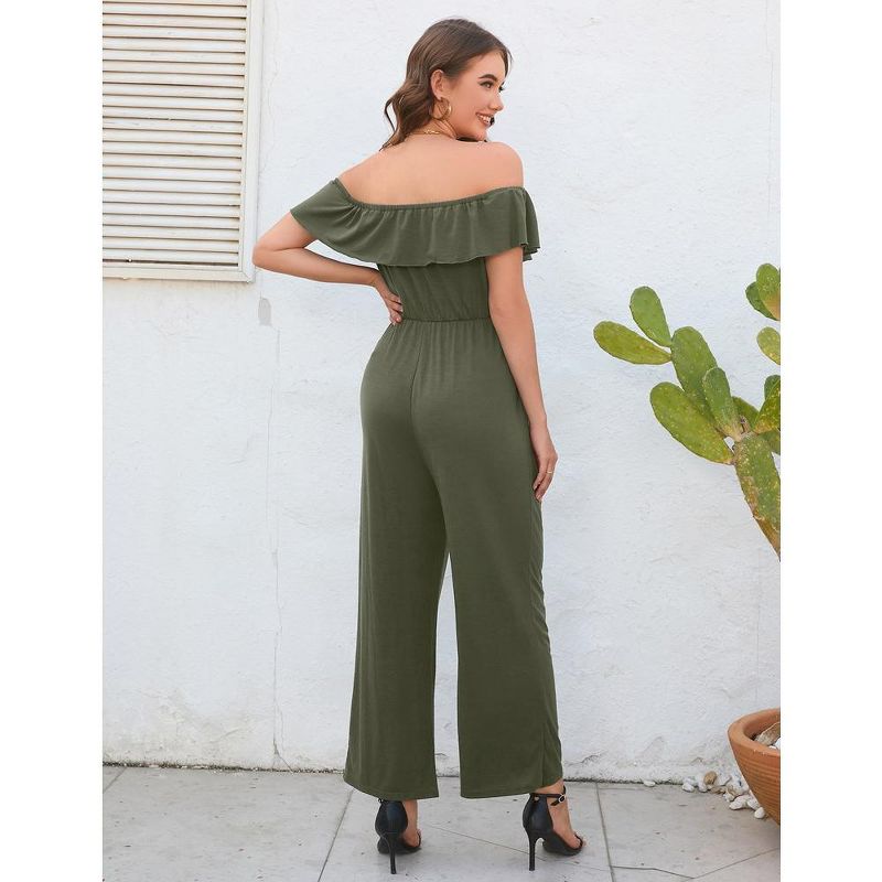 Maternity Jumpsuits Casual Off Shoulder Romper Summer Short Ruffle Sleeves  Belted Wide Leg Jumpsuits, 5 of 7