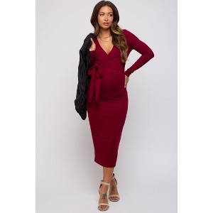 Pinkblush Burgundy Ribbed Long Sleeve Maternity Wrap Dress - 1 of 4