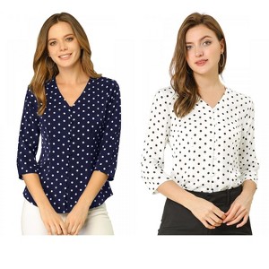 INSPIRE CHIC Women's Polka Dots 3/4 Sleeve Casual Button Front Shirt 2 Pieces - 1 of 4