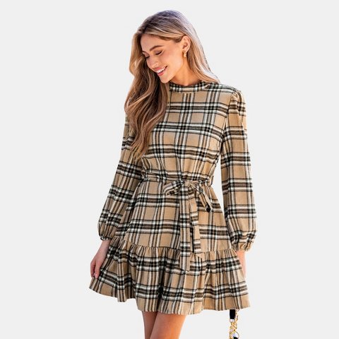 Женские платья Cupshe Women‘s Brown Chic Plaid Ruffle Tie-Waist Dress-M-Brown