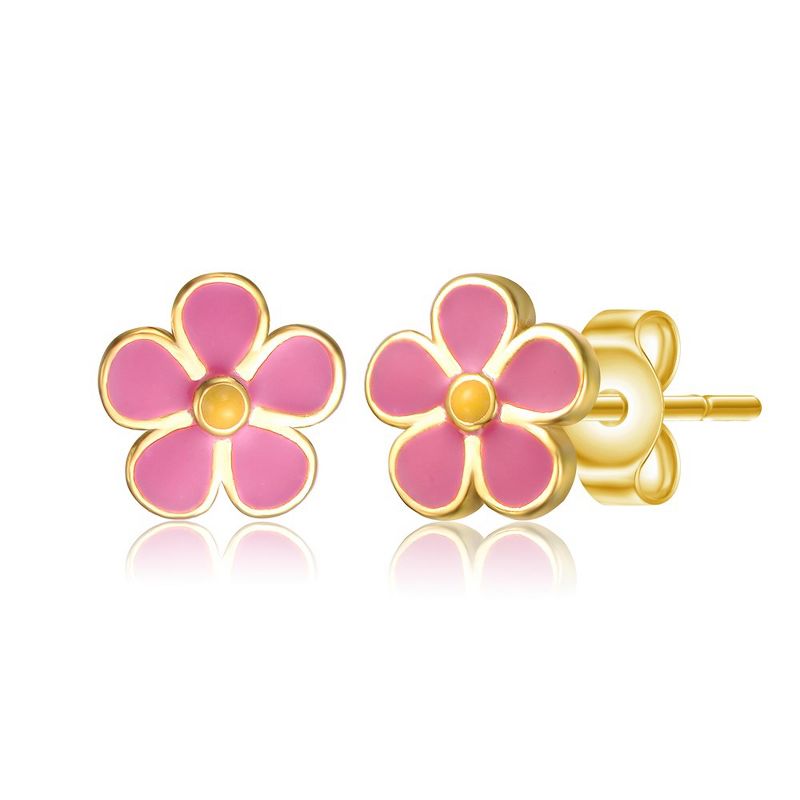14k Gold Plated Fuchsia-Pink & Yellow Enamel Daisy Stud Earrings, 2 of 4