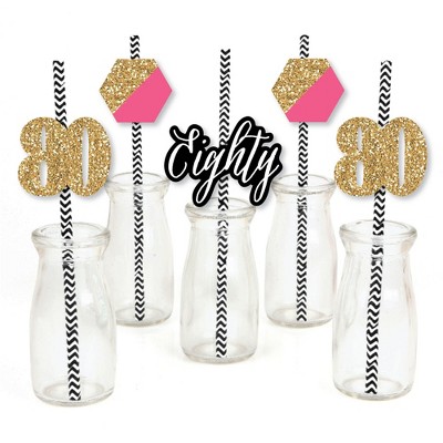 Big Dot of Happiness Chic 80th Birthday - Pink, Black and Gold - Paper Straw Decor - Birthday Party Striped Decorative Straws - Set of 24