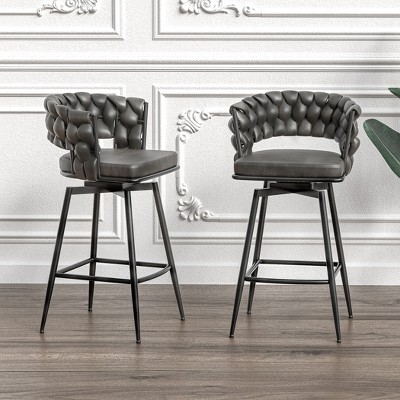 28" Leather Woven Bar Stool Set of 2, Legs Barstools, No Adjustable Kitchen Island Chairs, 360¡ã Upholstered Counter Stool, Arm Chairs - Tan