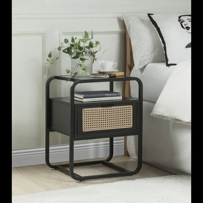 Black Metal and Wood Accent Table with Rattan Drawer
