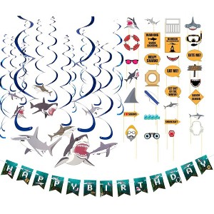 Blue Panda 37-Piece Shark 3-in-1 Party Decorations - Happy Birthday Banner, Swirl Decor, Photo Booth Props - 1 of 4