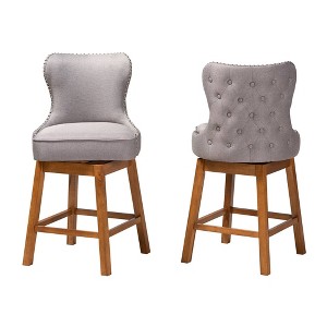2pc Gradisca Wood Swivel  Counter Height Barstool Set Gray/Walnut Brown - Baxton Studio: Upholstered, Button Tufted, Nailhead Trim - 1 of 4