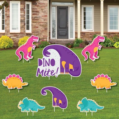 Big Dot of Happiness Roar Dinosaur Girl - Yard Sign and Outdoor Lawn Decorations - Dino Mite T-Rex Baby Shower or Birthday Party Yard Signs - Set of 8